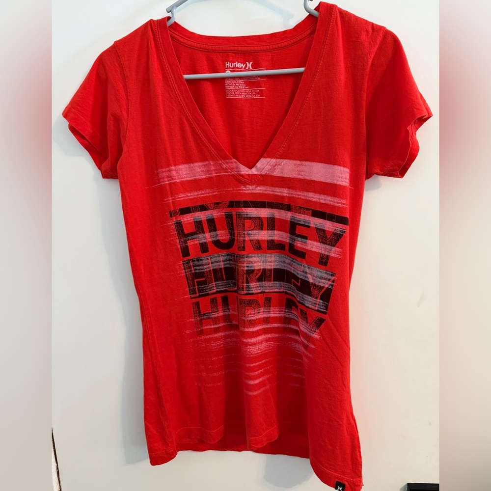 Hurley Women's Bold Red V-Neck Tee - Size Medium